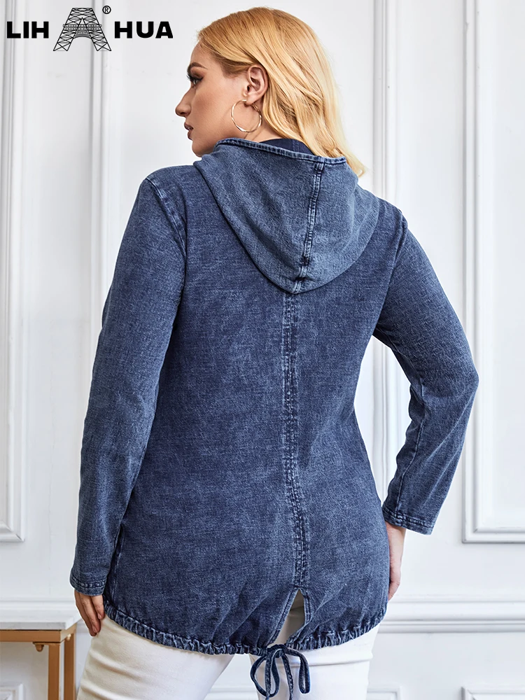 LIH HUA Women's Plus Size Denim Hooded Jacket Autumn Chic Elegant Jacket For Chubby Women Cotton Knitting Jacket