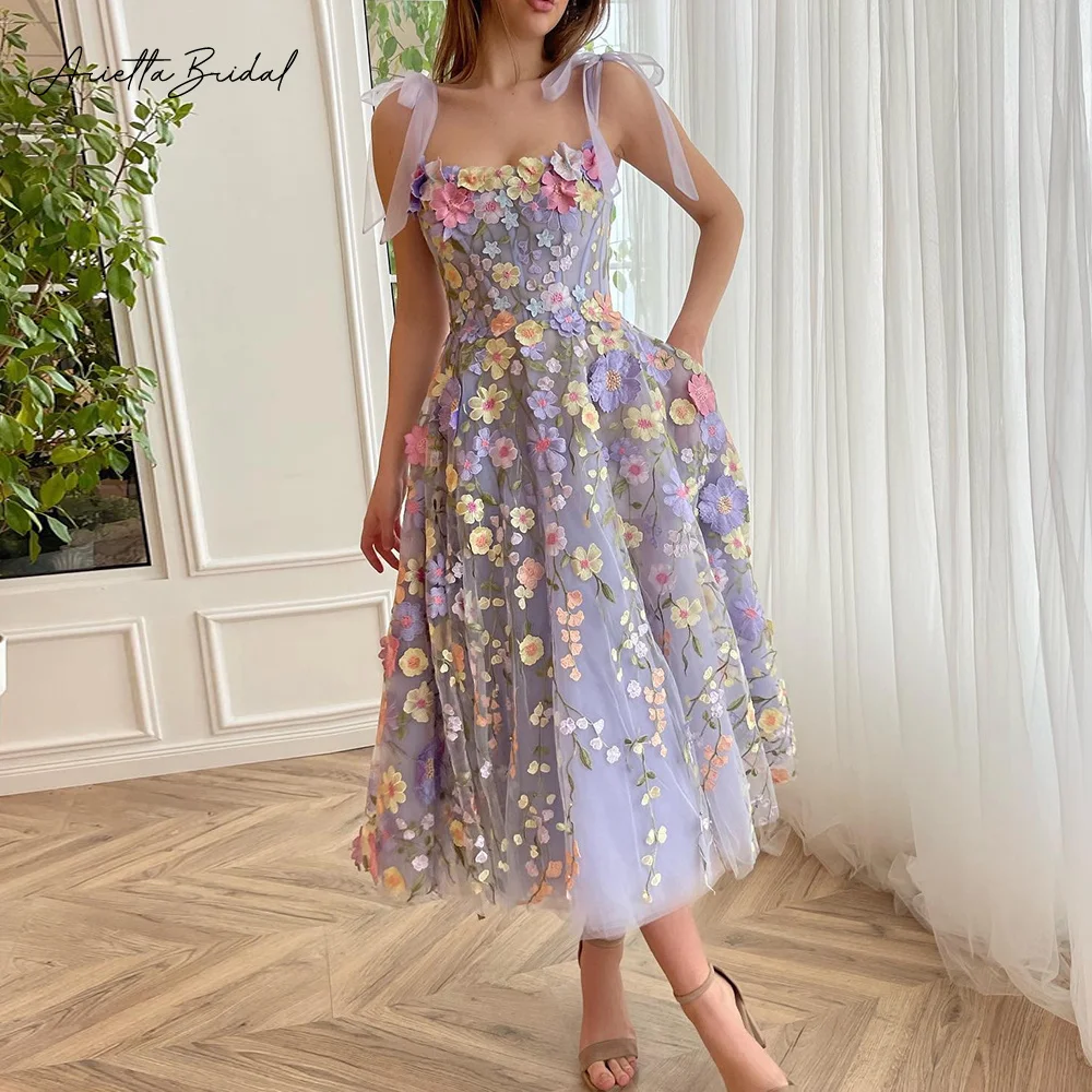 Arietta Lavender Floral Lace Midi Prom Dresses Bow Straps Embroidery Flowers Tea-Length A-Line Wedding Party Gowns with Pockets