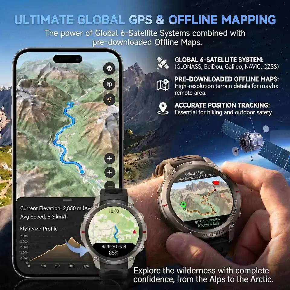 New Built-in GPS Outdoor Adventure Smart Watch Men Compass Altimeter 5ATM Waterproof AMOLED HD Bluetooth Call Sports Smartwatch