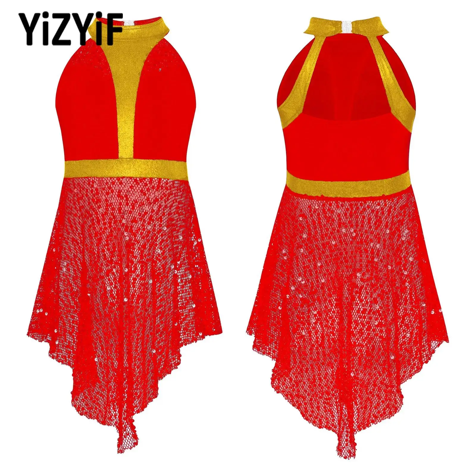 

Teens Girl Jazz Dance Stage Performance Costume Sleeveless Cutout Back Shiny Sequins Hollow Out Mesh Patchwork Irregular Hem Top