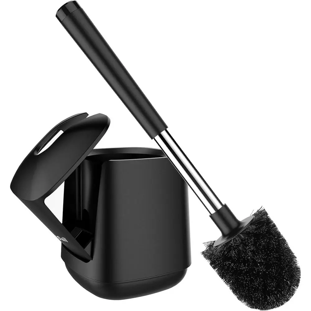 Closing Lid Toilet Bowl Brushes Holder and Extra Long Handle Ventilated Toilet Brush Set, Nylon Bristles, Black