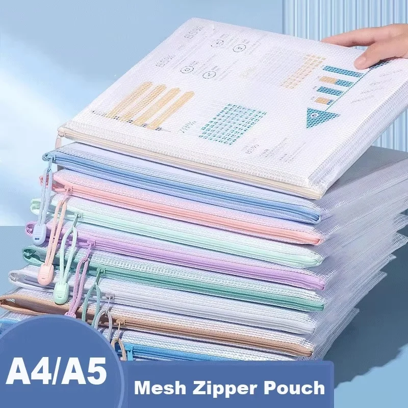 

5/10/20/30Pcs Waterproof Mesh Zipper Pouch Document Bag File Folders A4 / A5 Pencil Case Storage Bags For School Office Supplies
