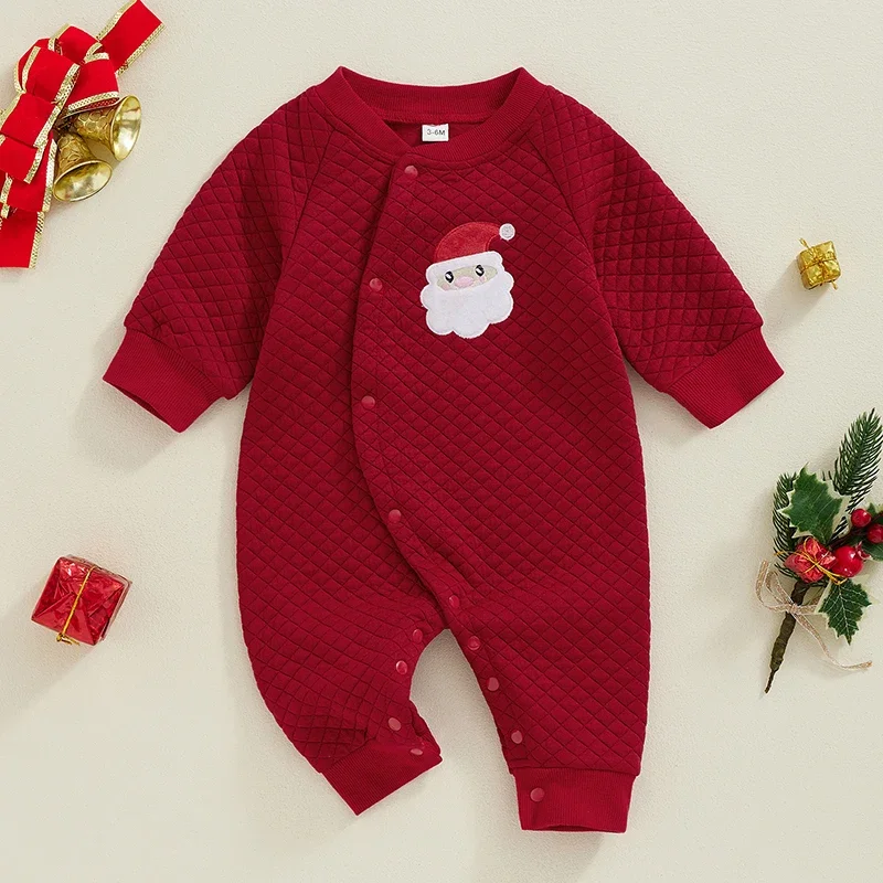 Baby Girls Boy Christmas Romper Long Sleeve Crewneck Elk/Christmas Tree/Santa Claus Embroidery Playsuit Jumpsuit Newborn Clothes