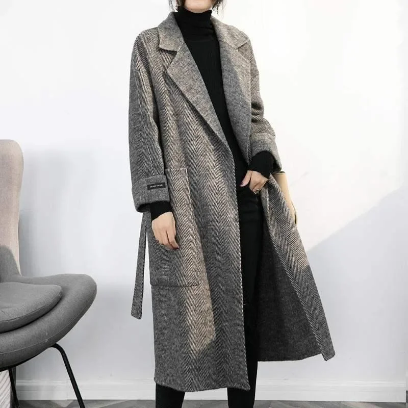 Herringbone High-end Sense Super Good-looking Double-sided Woolen Coat Medium and Long Thickened Retro Overcoat Women's Clothing