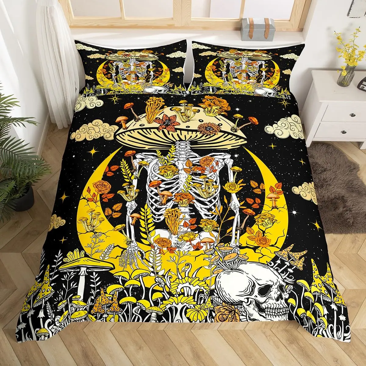 Gothic Skull Bedding Set King Queen Bohemian Skeleton Sun Duvet Cover Trippy Mushroom Comforter Cover Flower Plant Quilt Cover