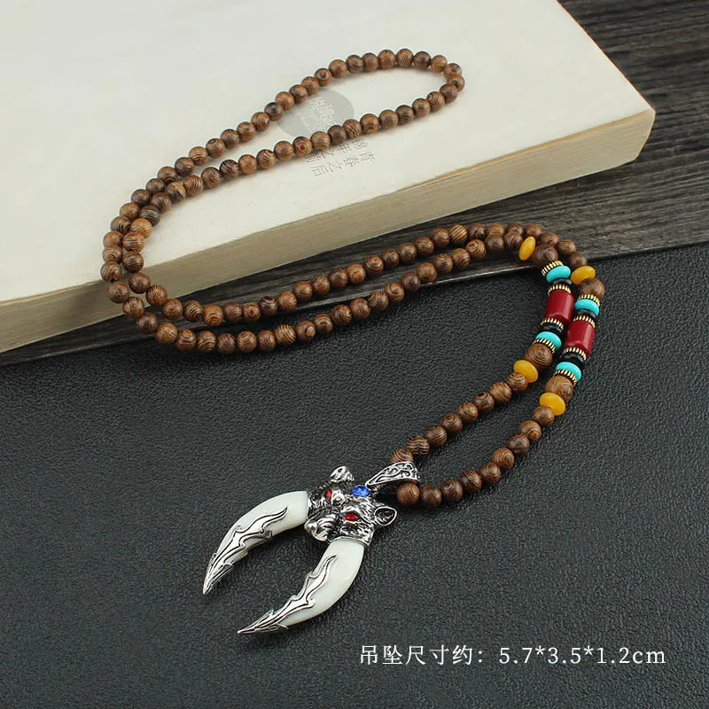 Handmade Nepal Buddhist Mala Wood Beads Pendant Necklace Boho Hippie Style Ethnic wolf tooth Pendant Men Women Lucky Jewelry