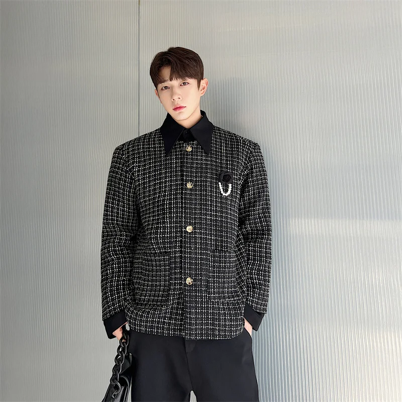 

Korean Sle irt Design Men's Jaet Large Collar Trendy Pearl Decorated Outerwear Stand Fit Spring Autumn Long Sve