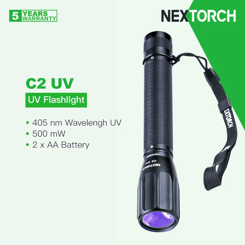 Nextorch C2 UV Ultraviolet Flashlight with 2 AA Batteries, Waterproof, 405nm Wavelengh, Stain Detector, Verifying Authenticity