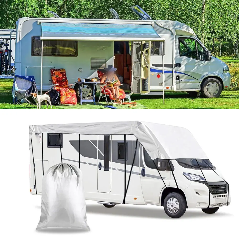 6.5-8.5M 210D Roof Protective Cover Silver Roof Protection Cover Tarpaulin Waterproof Covers Truck Foldable Sunscreen RV Cover