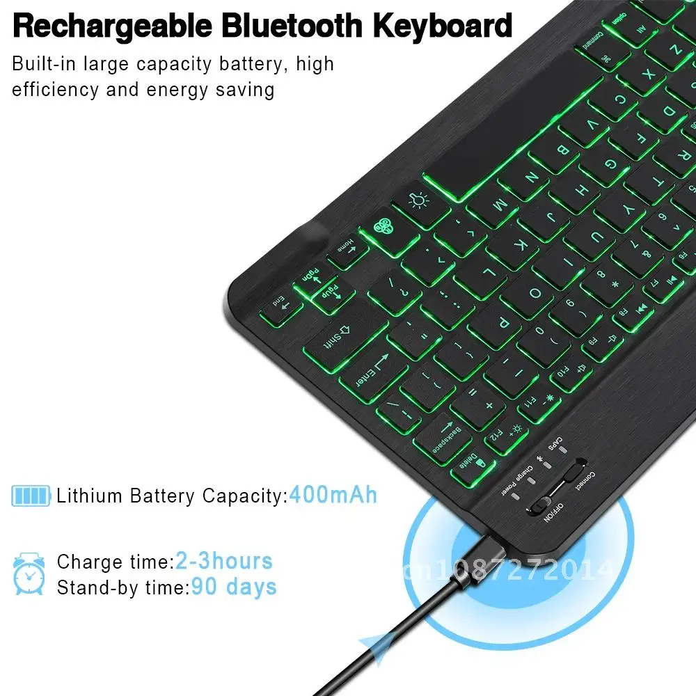 Teclado sem fio compacto para iPad, Tablet espanhol retroiluminado, Recarregável, Celular, Computador portátil, Mini Bluetooth