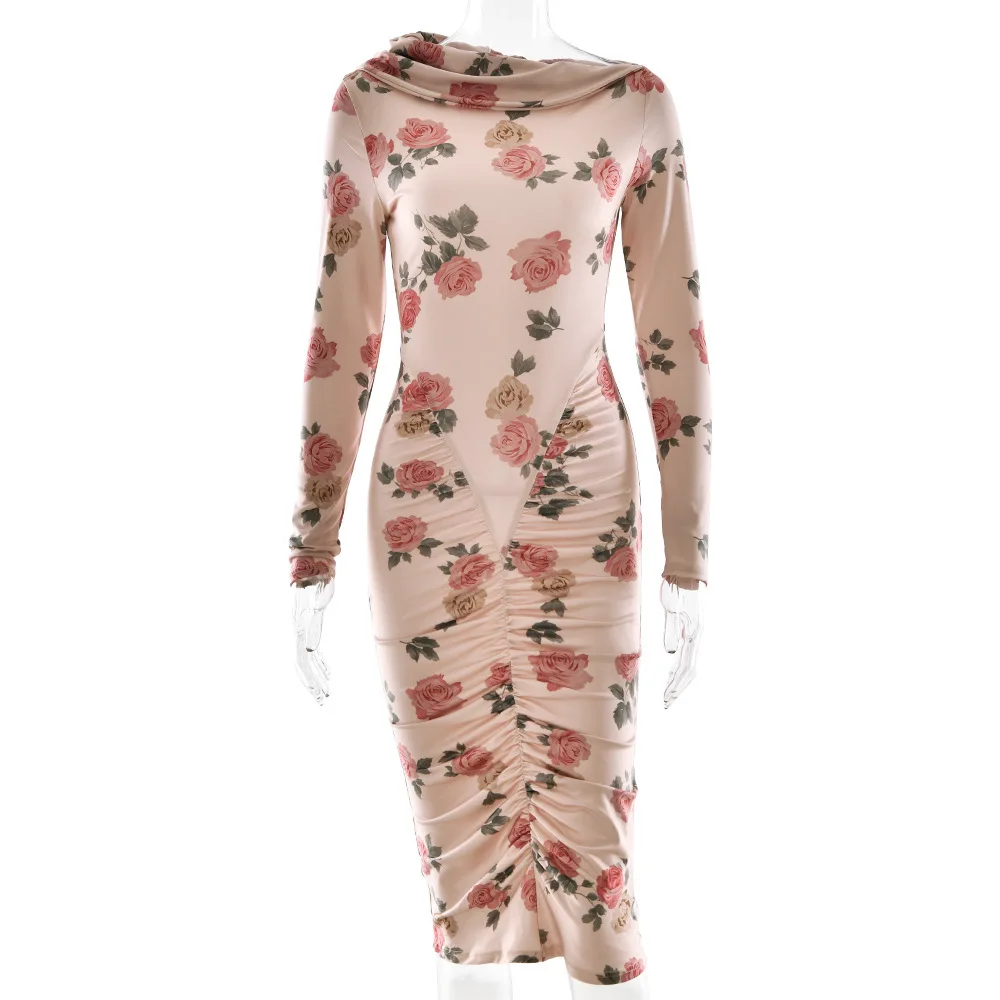 Absobe 여성 2025 가을 겨울 우아한 꽃무늬 프린트 긴 소매 슬림 맥시 드레스 섹시한 러치드 바디콘 이브닝 파티 패션 의상