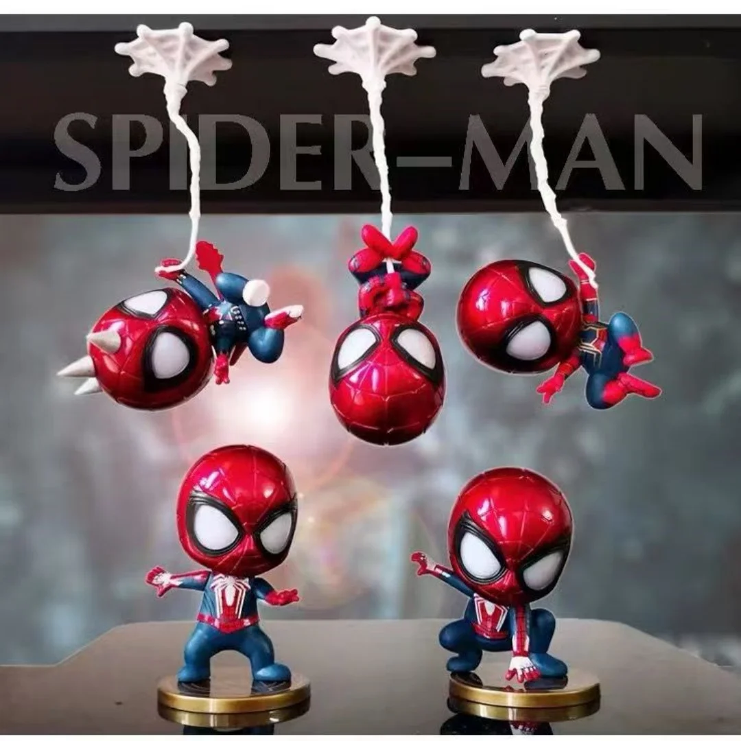 Set de 5 Mini Muñecos de Spider-Man de Marvel con Ojos Grandes, Versión Q, Cabeza Móvil, Adorno Creativo para Coche, Regalo para Niño