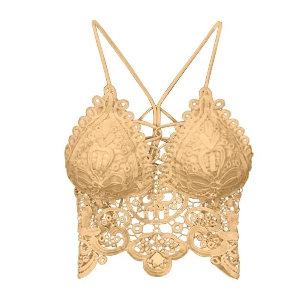 Ins style Vest Bohemian Style Camisole Sleeveless Hollow Out Deep V Bra Lingerie Beachwear Lace Wireless Bra Lady Female
