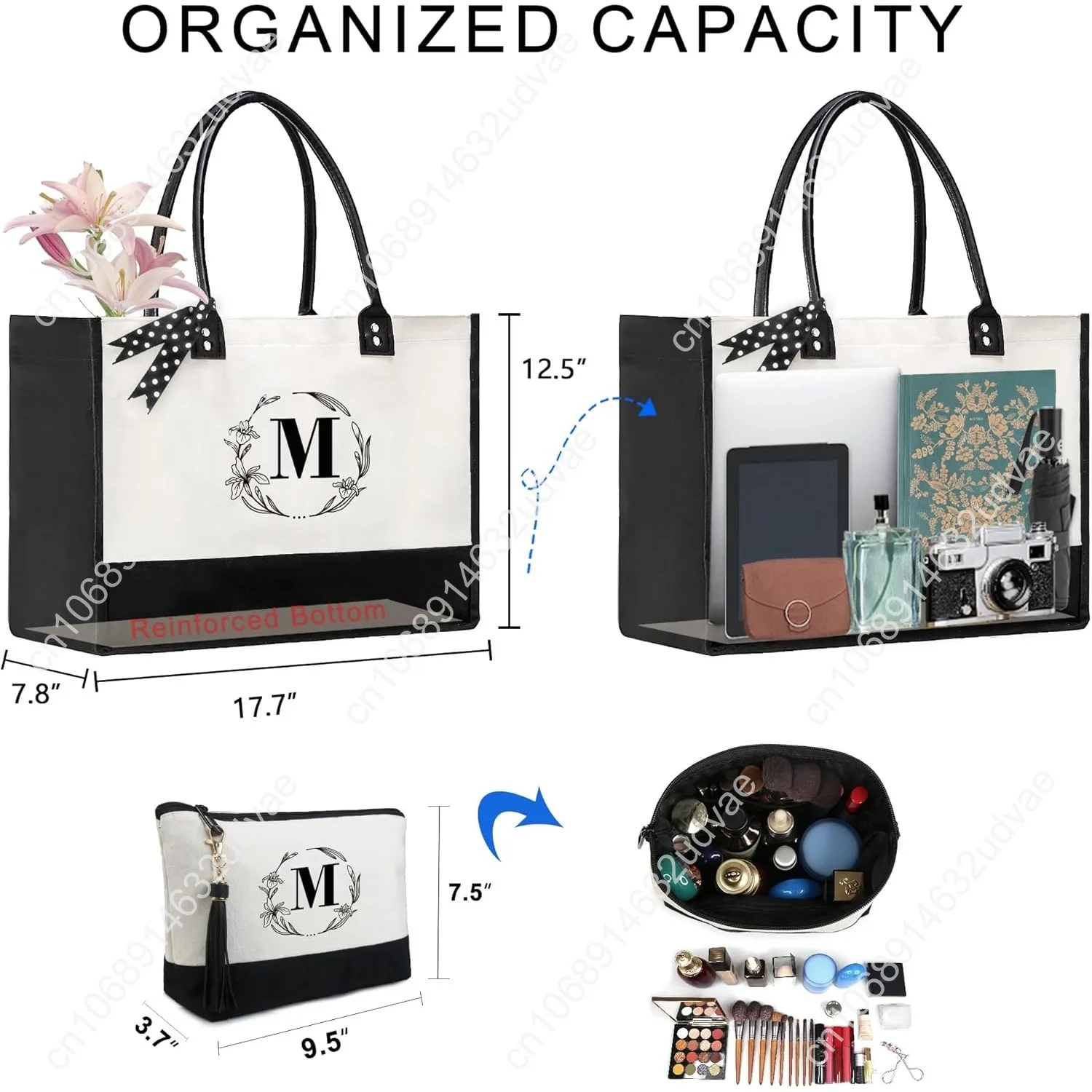 BeeGreen Mother's Day Gifts Personalized Women's Large White and Black Canvas Tote Bag, Embroidered Initials, Leather Handle, Zi