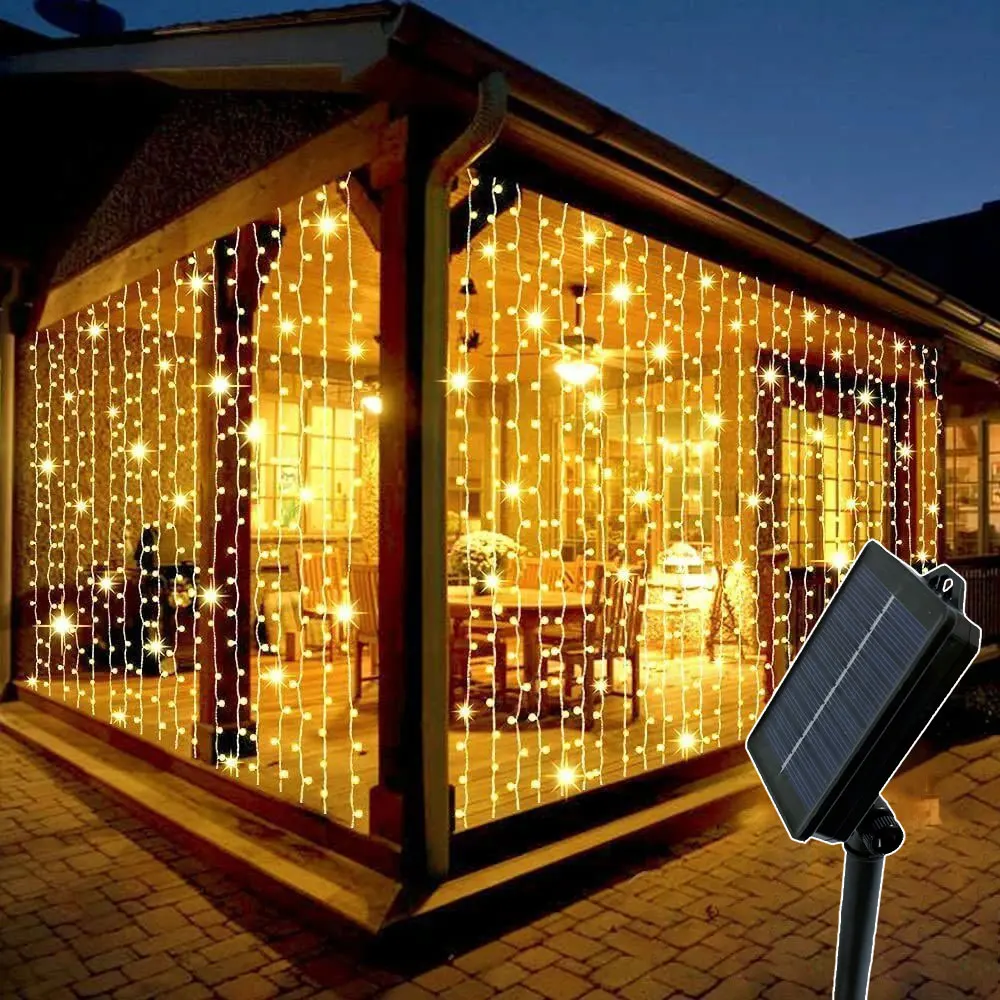 

Уличная солнечная гирлянда-штора 3x3 м, 300 светодиодов, 8 режимов, для праздничного декора, украшение для вечеринок, декор к празднику Ид Мубарак