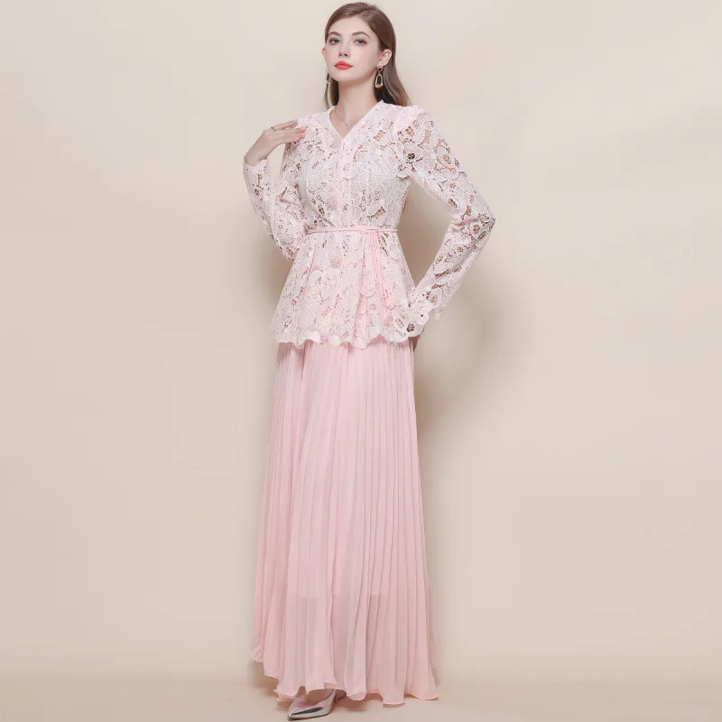 Emagrecimento V-Ne Long Sve Lace irt Conjunto feminino saia de cintura alta Csole Dr Street Sle malha fibra de poliéster