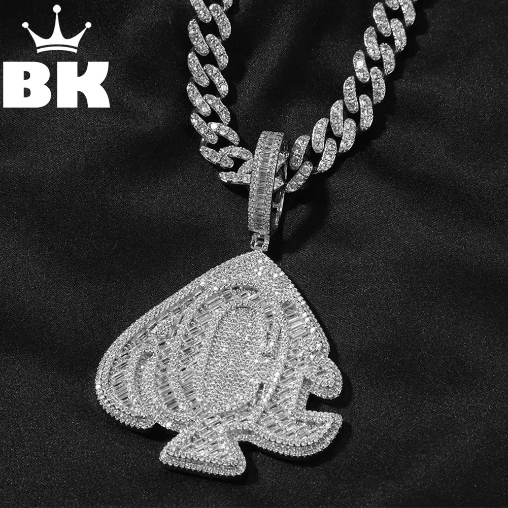 Baguette ACE of Spades 14K Gold Tone Plated lcy Bling CZ Playing Card Poker Fully Micro Paved Men's Hip Hop Rapper Style Jewelry