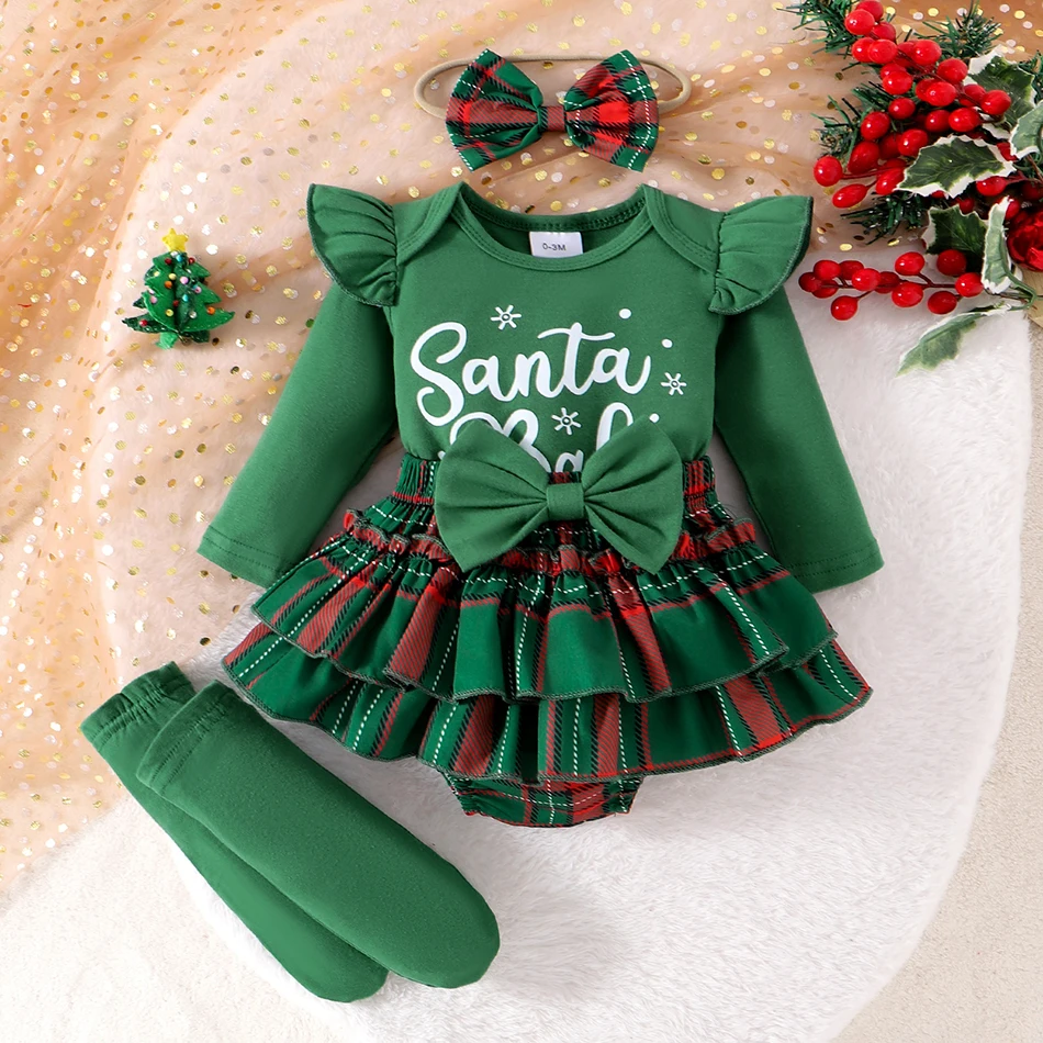 0-18M Newborn Christmas Jumpsuit Santa Claus Elk Elf Printing Long Sleeve Top+Skirt+Headband+Sock 4PCS Baby Romper Xmas Suits