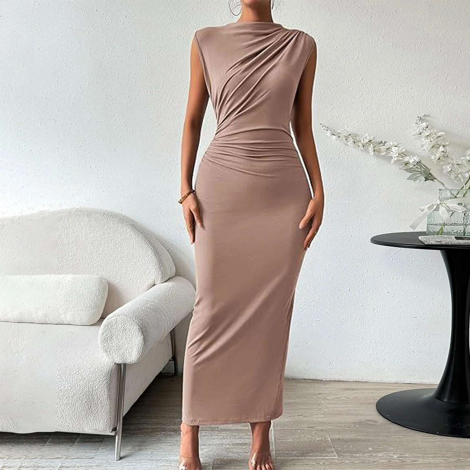 Vestido ceñido fruncido elegante para mujer, vestido Sexy sin mangas con envoltura en la cadera, vestido de fiesta para banquete de noche con temperamento elegante, novedad de 2026