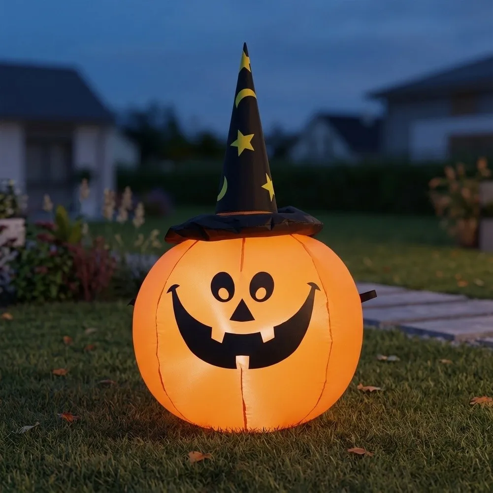 Inflatable Pumpkin with Witch Hat for Halloween Display Glowing Facial Details 3 m Power Cable Fabric Body US Power Adapter
