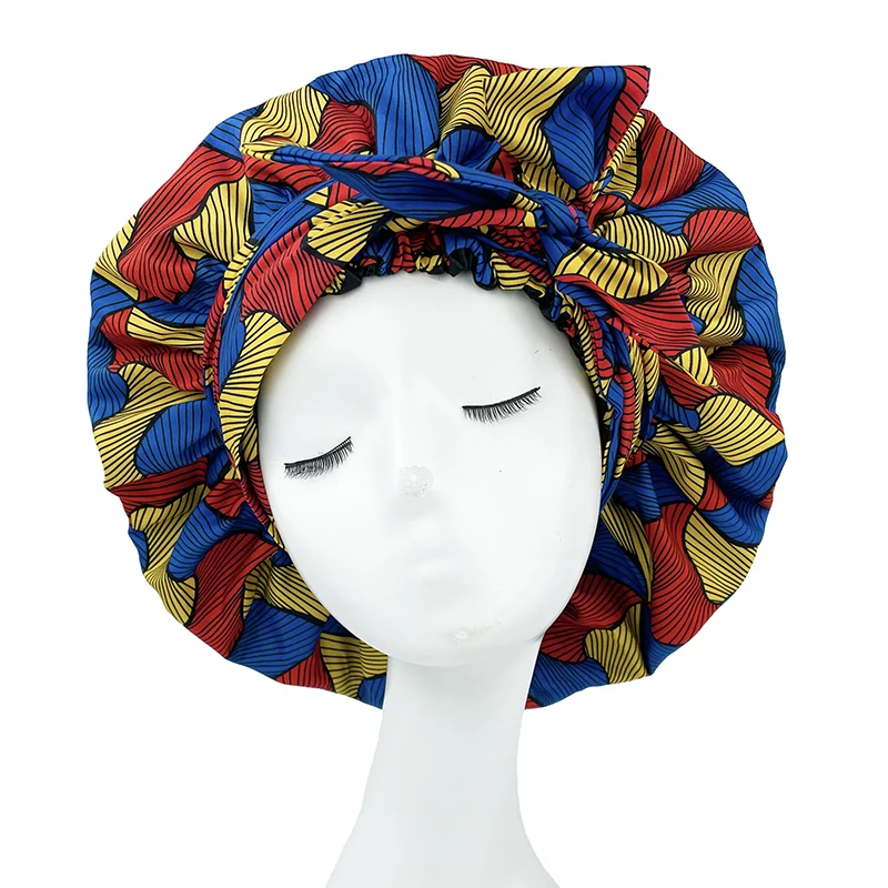 New African Ankara Pattern Satin Linned Bonnet Women Long Ribbon Headwrap Double Layer Headscarf Big Size Adult Hair Cover