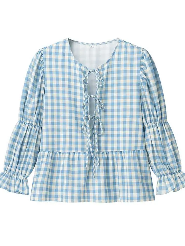 

European style new women's fashion versatile temperament simple lantern sleeve plaid shirt women's tops