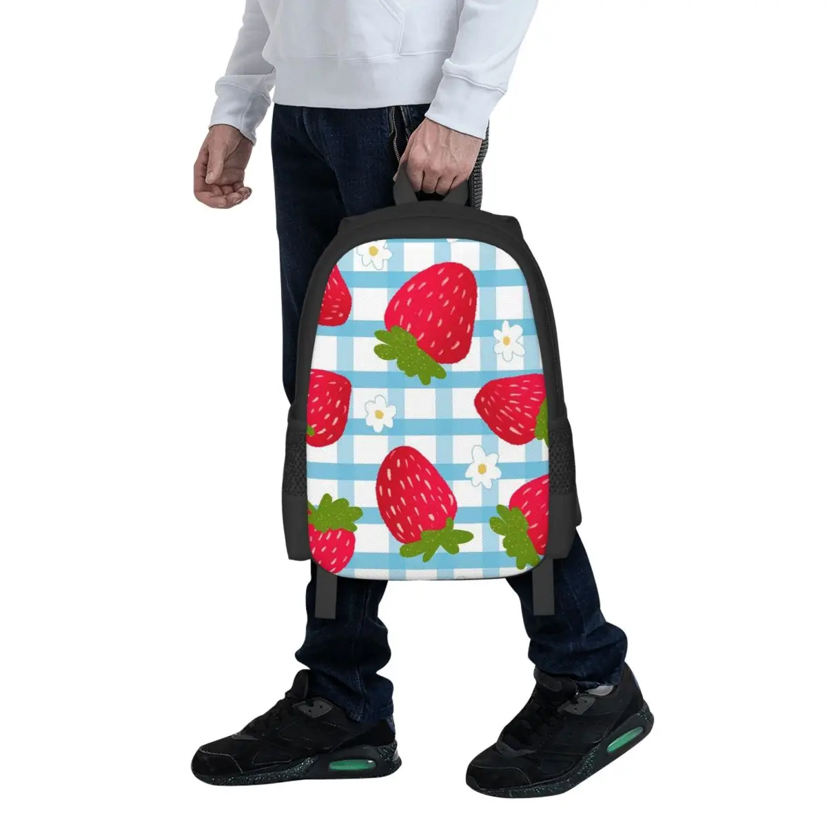 

Strawberries And Daisies On Blue Gingham Student Backpack School Bag Hiking Travel Daypack Fashion Bookbag Shoulder Bags