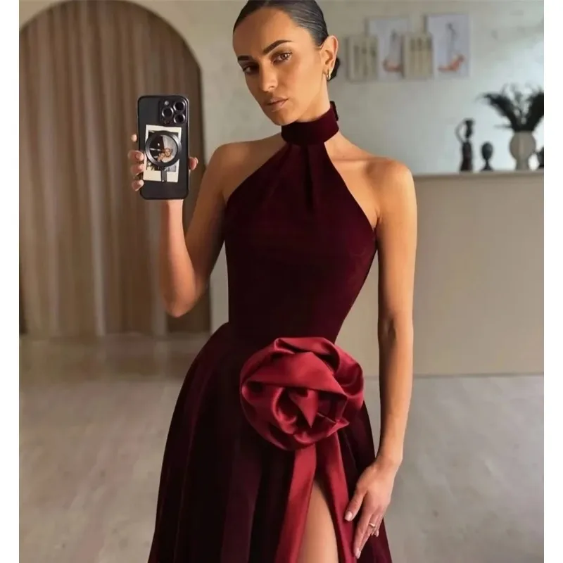 Elegant Burgundy A-line Evening Dress O-neck 3D Flowers Long Velvet Satin Prom Gown Party Dress Vestdos De Fiesta Customized
