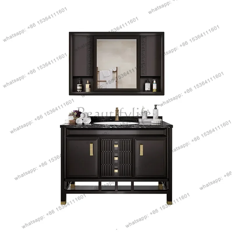 

New Chinese-style solid wood bathroom cabinet Floor-to-ceiling face wash basin cabinet combined bathroom wash table