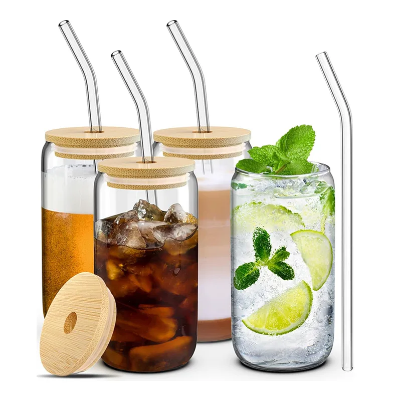 Glass Cups with Lids and Straws 16 Oz Glass Can Iced Coffee Cup with Bamboo Lids Drinking Glasses Tumbler Drinking Glassware