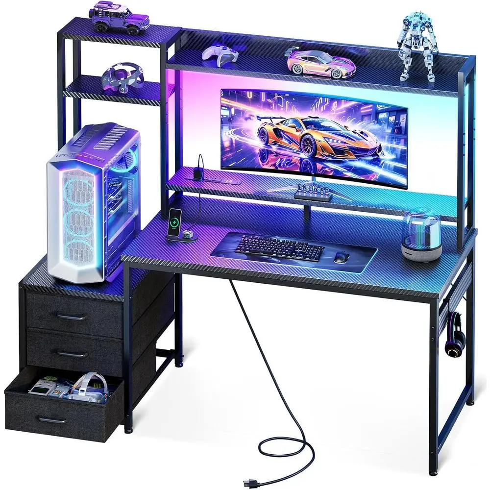 

48 Gaming Desk with Hutch, Fabric Drawers, USB Ports, LED Lights, Reversible Monitor Stand, Carbon Fiber Black