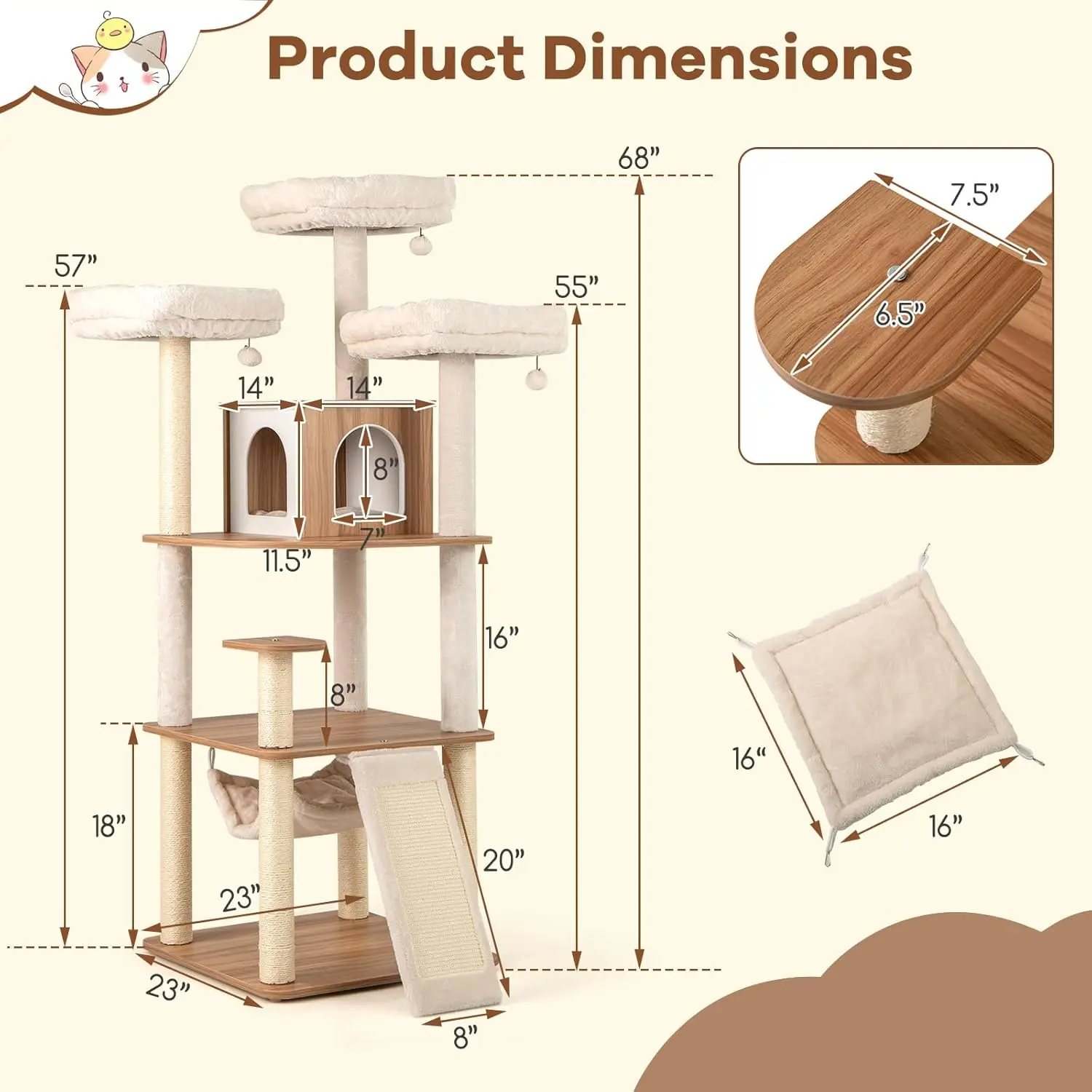 Tall Cat Tree, 68 Inch Modern Wood Cat Tower with Sisal Scratching Posts, 3 Padded Perches, Condo, 2-in-1 Ladder, Customized - view 4