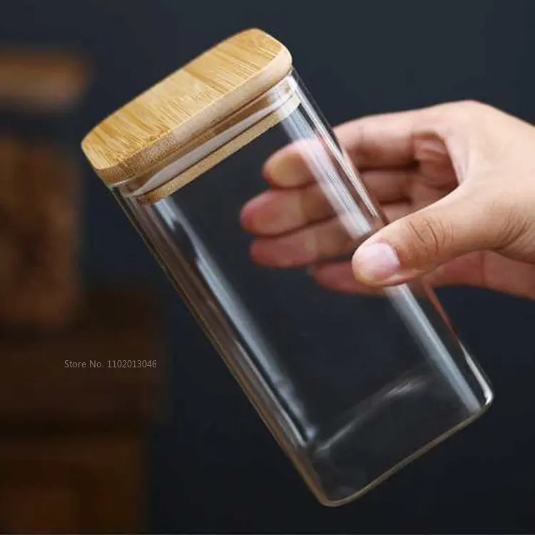Square Mason Jar with bamboo Cover For Spices Glass Kitchen Container Glass Jars With Lids Jar Kitchen Jars And Lids Wholesale