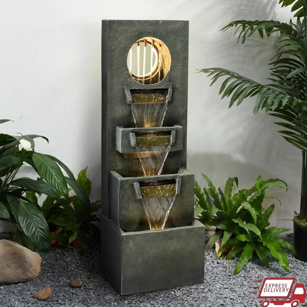 Fuente de cascada moderna para exteriores, fuente de suelo relajante para interiores de 39,3 pulgadas, función de agua de 4 niveles con bomba de luz LED para jardín y Patio