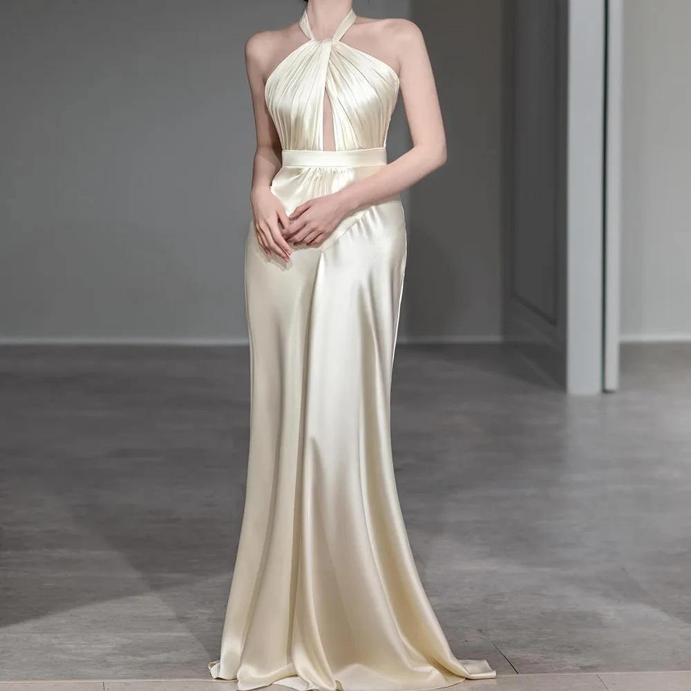 

Customized Formal Satin Evening Dresses High Quality Straight Floor Length Halter Sleeveless Custom Made Special Occasion Gowns