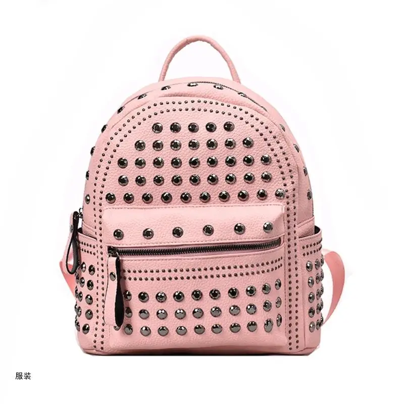 D0UD Retro Leather Backpack All-match Satchel Rivet Studded School Bag for Shopping