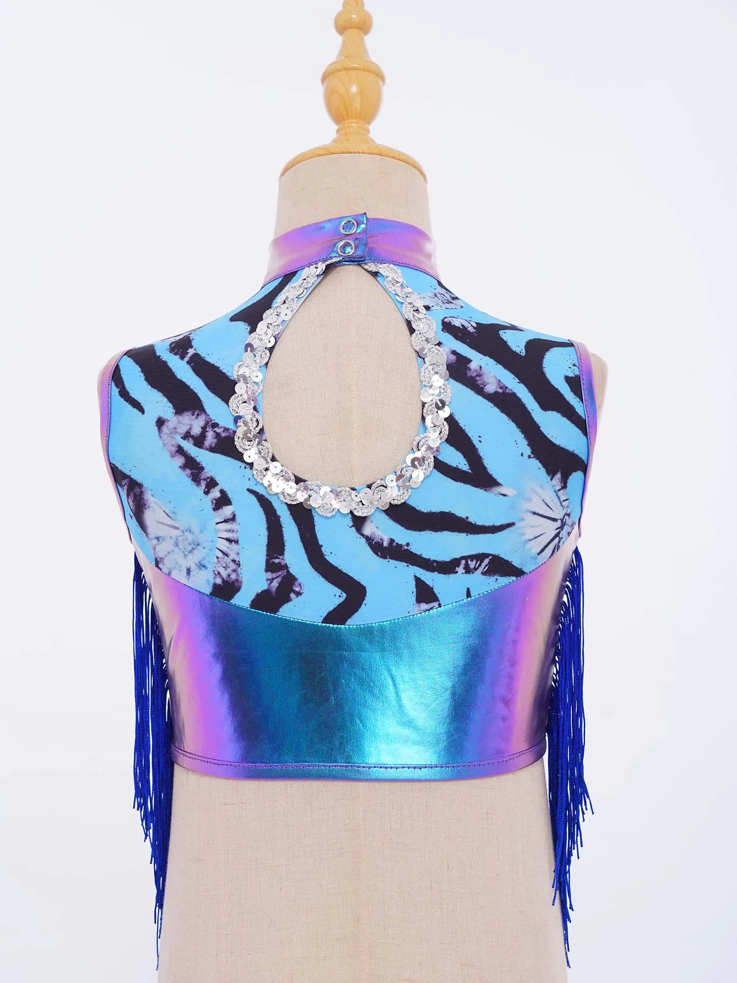 キッズ ガールズ シャイニー メタリック ジャズ ヒップホップ ダンス コスチューム タッセル 衣装 ノースリーブ クロップトップ パンツ付き パフォーマンス スポーツ ヨガ用