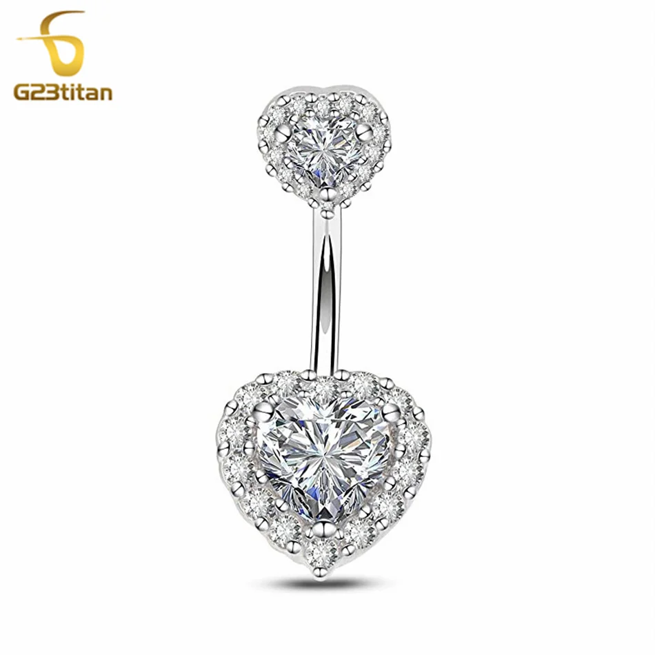 G23titan 6-16mm Length 14G Titanium Curved Barbell Zircon Heart Belly Button Piercing Ring Women Navel Piercing Ombligo Jewelry