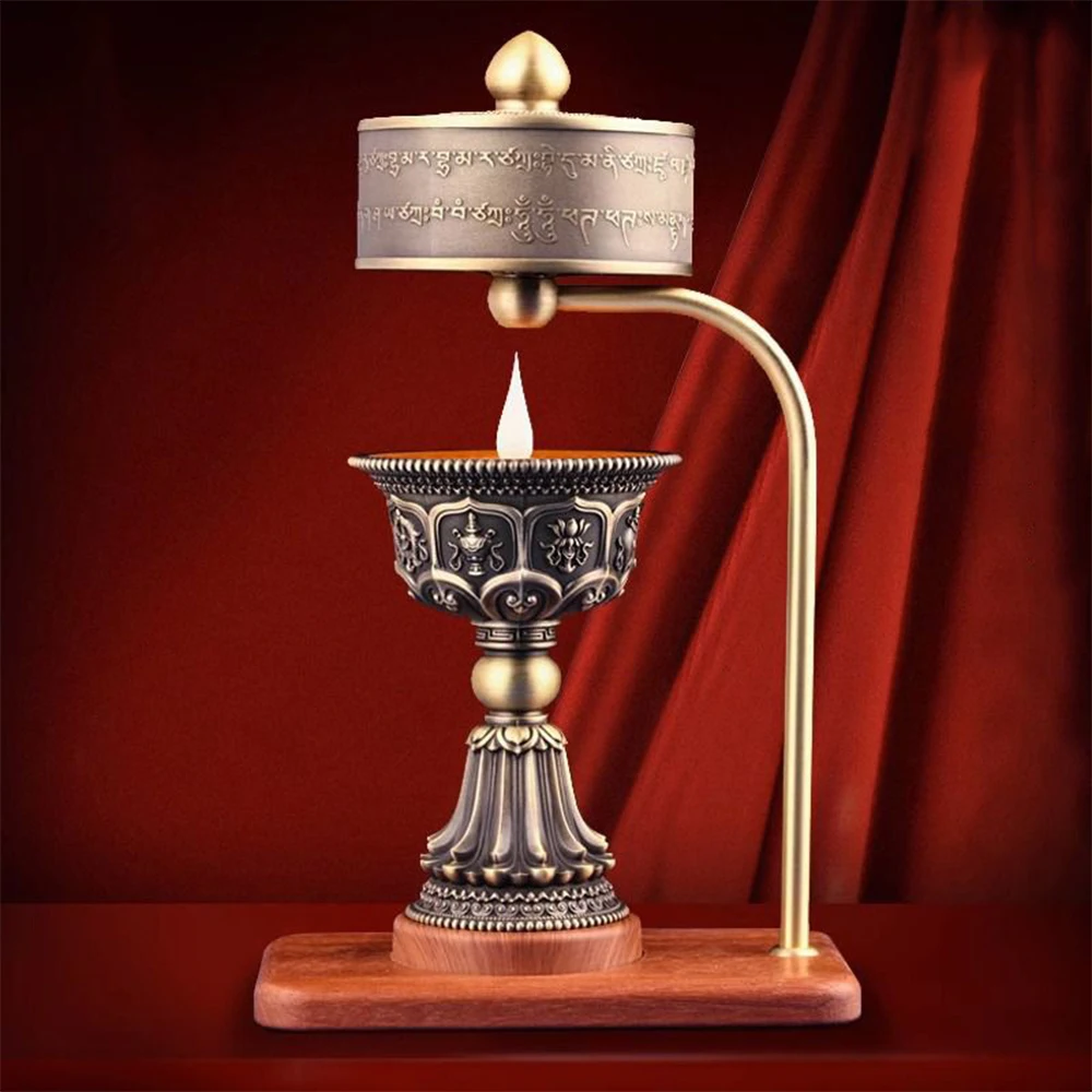 Fire-rotating Electric Prayer Wheel, Rechargeable LED Butter Lamp, Buddha Front Eternal Flame Dharma Wheel, Home Prayer Ornament