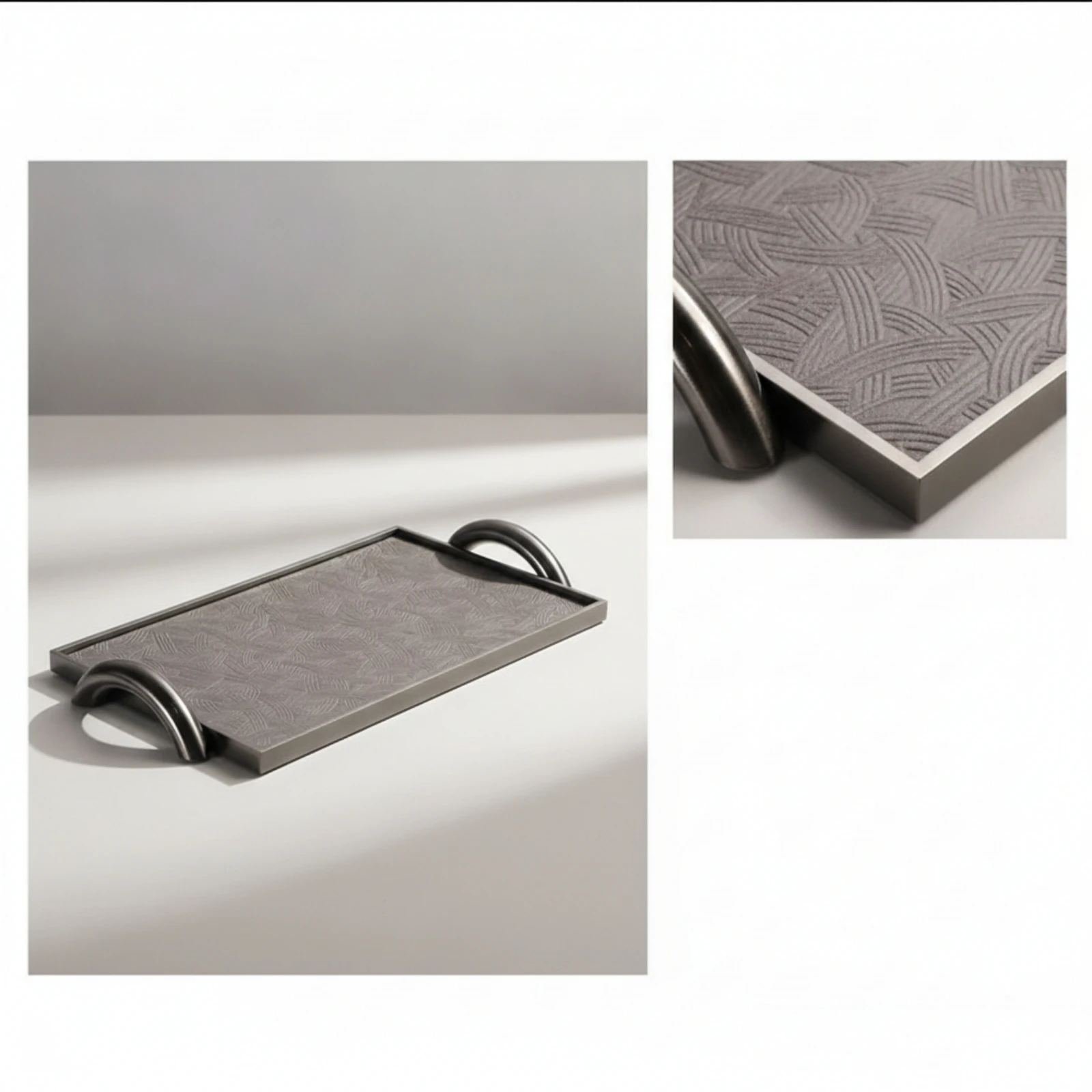 Leather Tray with Handles Textured Rectangular Tray with Metal Handles Low-Profile Minimalist for Interior Designers