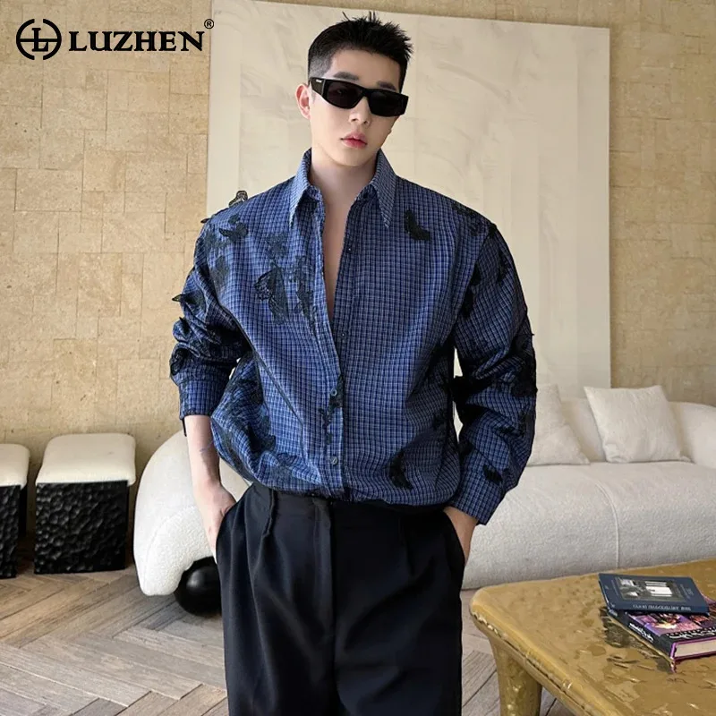 

LUZHEN новая персонализированная лоскутная рубашка с бабочкой и длинным рукавом 2025, мужская модная элегантная рубашка в клетку с принтером, повседневные топы JY5548