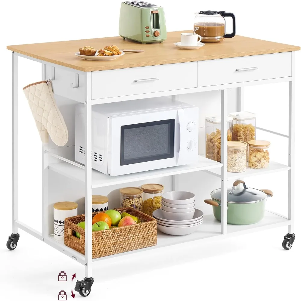 

Kitchen Rolling Island, Mobile Kitchen Cart with Storage on Wheels, 27.6 x 43.3 x 35.4 Inches, 2 Drawers, 2 Hooks, for D