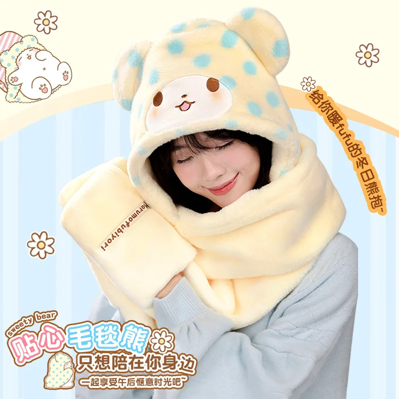 Sanrio Mop Winter Plush Three-Piece Set Cartoon Mop Winter Riding Warm Hat Scarf Casual Fashion Holiday Gifts for Girls