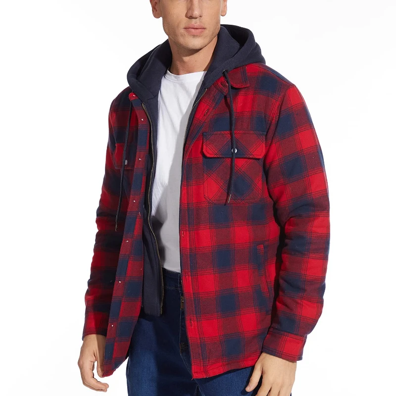 

Men's Fall and Winter Thick and Warm Plaid Long Sleeve Hooded Coat Loose Fitting Jacket