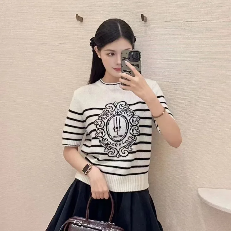 

Women Clothing Summer Fashion Korean Printing Striped Color Blocking O-neck Female Knitting All-match Short Sleeve Slim Top Tee