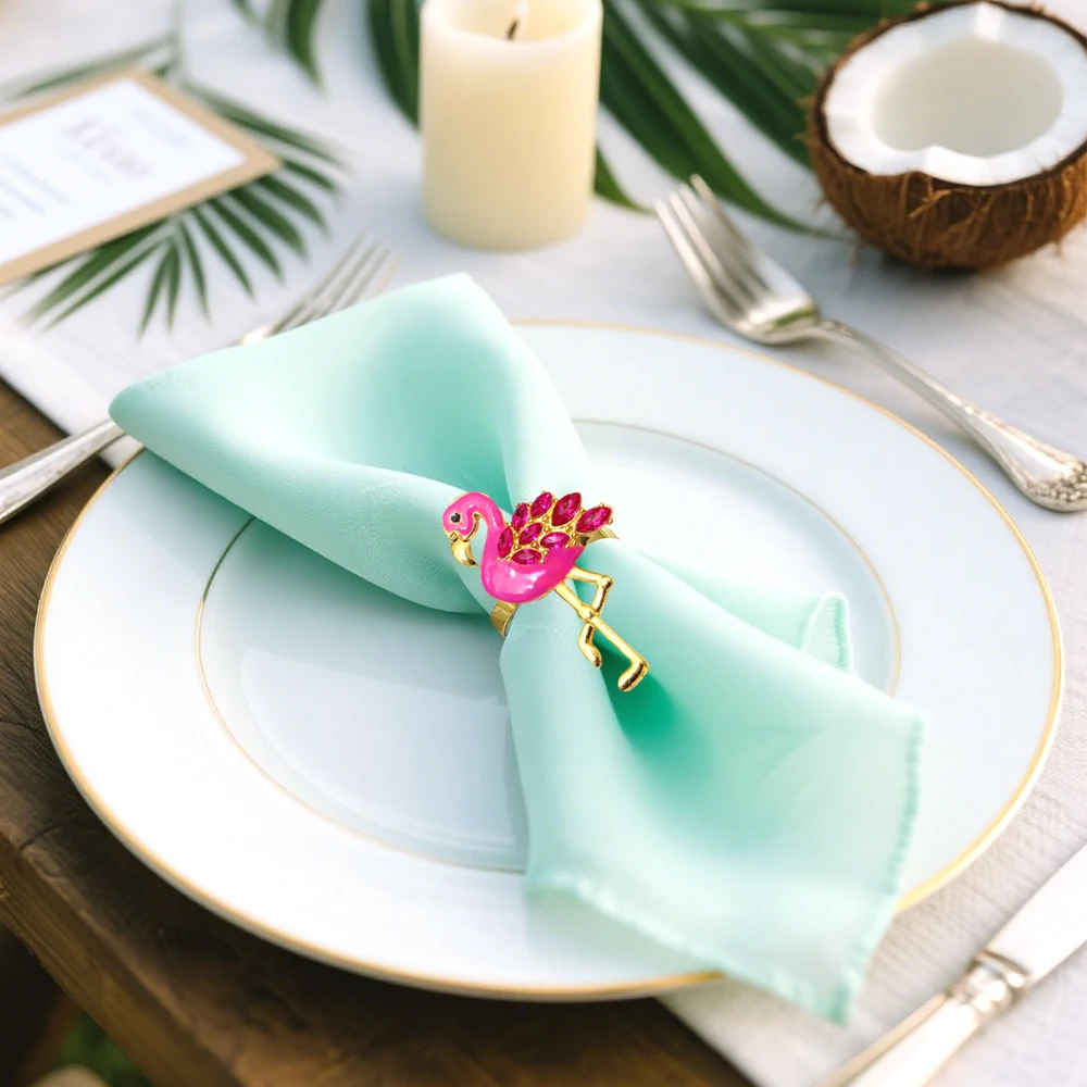 

6Pcs Pink Flamingo Napkin Rings Rhinestone Enamel Alloy Table Decor for Pool Party Beach Wedding Resort Dining Luxury Bird Theme