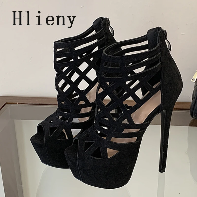 

Hlieny Fashion Narrow Band Women Platform Sandals Peep Toe Hollow Out Thin High Heels Pumps Zipper Ladies Party Stripper Shoes
