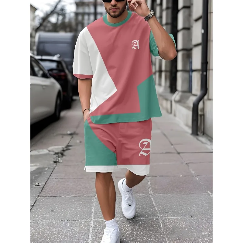 2025 Summer Personalized 3D Printed Round Neck Short Sleeved T-shirt and Shorts Set for Men's Daily Leisure Sports Street Travel