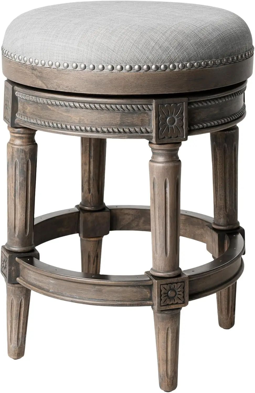 

Pullman Backless Counter Stool 26 Inches - Swivel Stool with Footrest - Grey Solid Wood Frame & Grey Fabric Upholstery - Perf