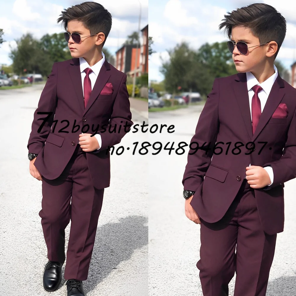 Burgundy Boys Suit 2 Piece Wedding Tuxedo Jacket Pants Kids Blazer Fashion One Button Clothes Child